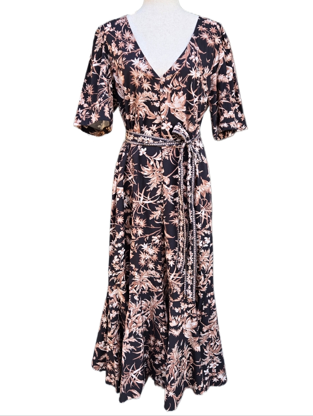 ​H&M Black Floral Palm Leaf Puff Sleeve Maxi Dress Tie Waist V-Neck Boho Large